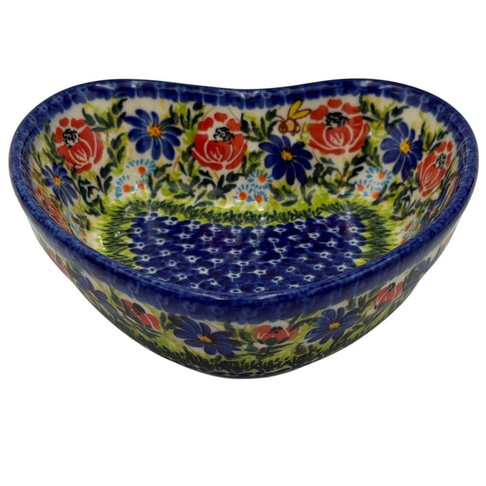 Vtg UNIKAT Kalich Boleslawiec Poland Polish Heart Shaped Bowl Signed Cottagecore